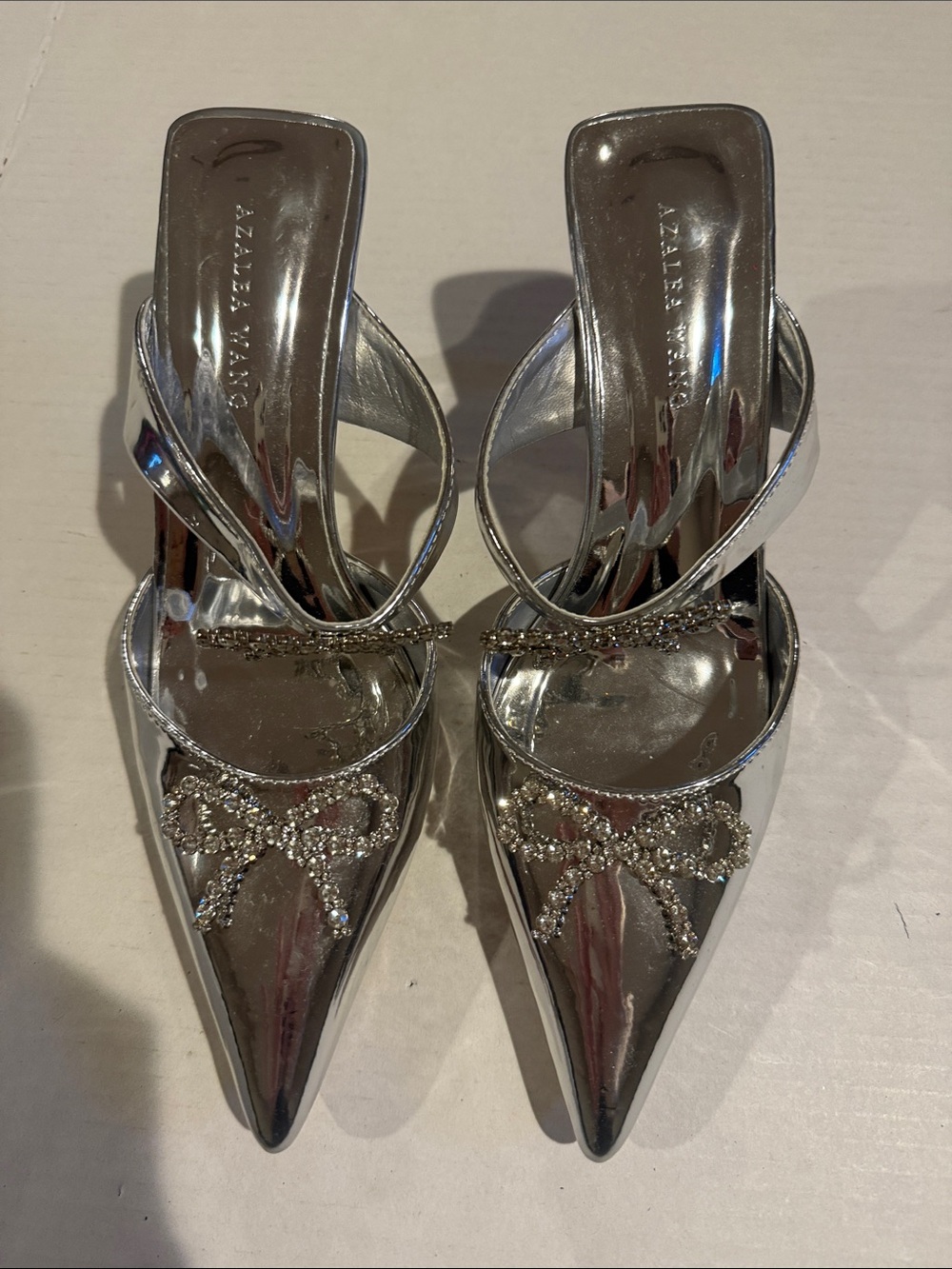 Silver Pointed Crystal Bow Slip-On Mules